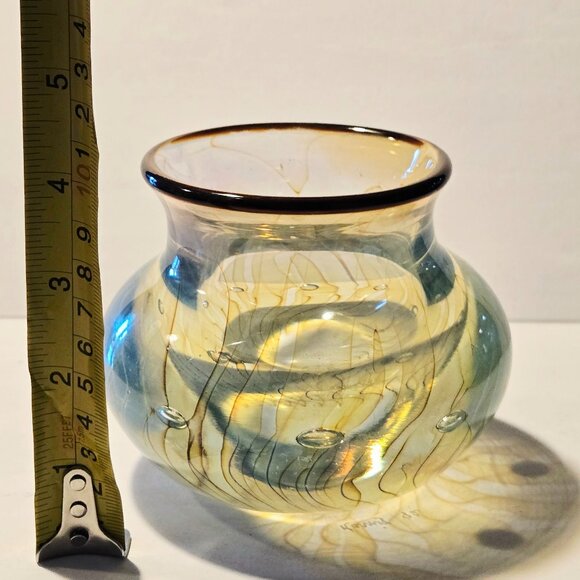 Dabanian Karnig Handblown Art Glass bowl Iridescent Gold & Blue Swirl Design w/T - Picture 9 of 9